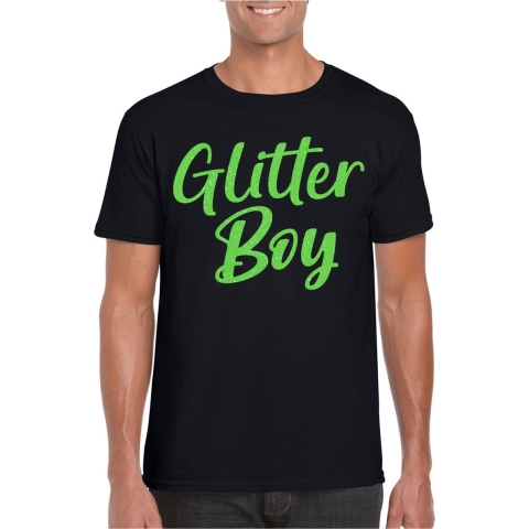 Verkleed T-shirt voor heren - glitter boy - zwart - groen glitter - carnaval/themafeest M -