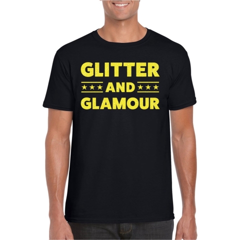 Verkleed T-shirt voor heren - glitter and glamour - zwart - geel glitter - carnaval/themafeest 2XL -