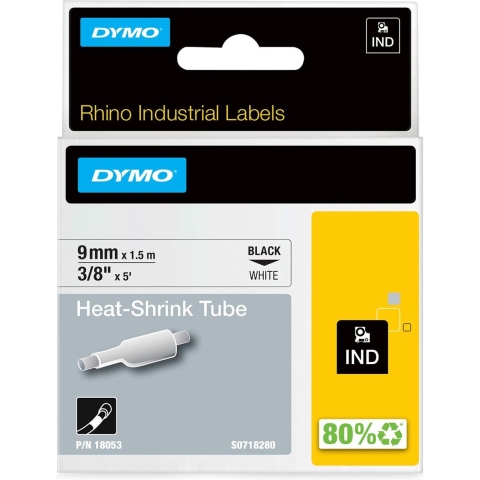 Labeltape krimpkous DYMO IND RHINO 18053 Polyolefine Tapekleur: Wit Tekstkleur:Zwart 9 mm 1.5 m
