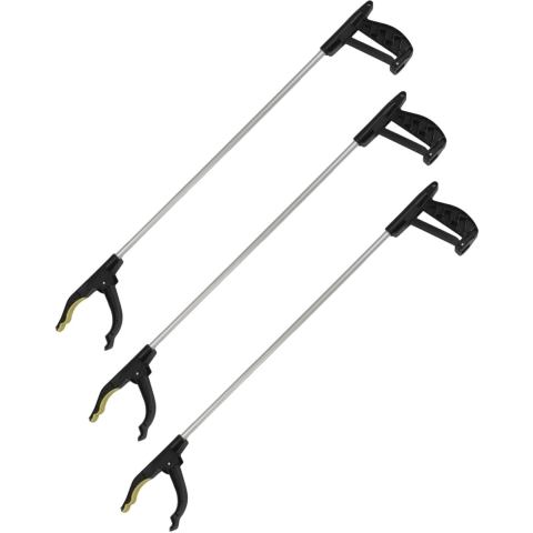 Afvalgrijper met klemgreep - 3x - 77 cm - grijphulp - afvalprikker - zwart/zilver - opruimen - schoo -