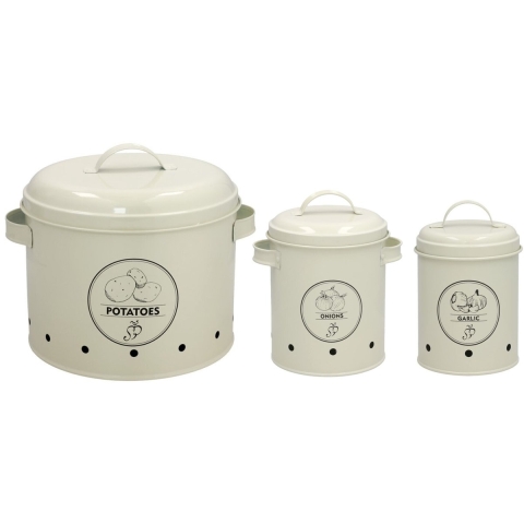 Bewaar potten/blikken set - 3x stuks - ui/knoflook/aardappels - metaal - creme -
