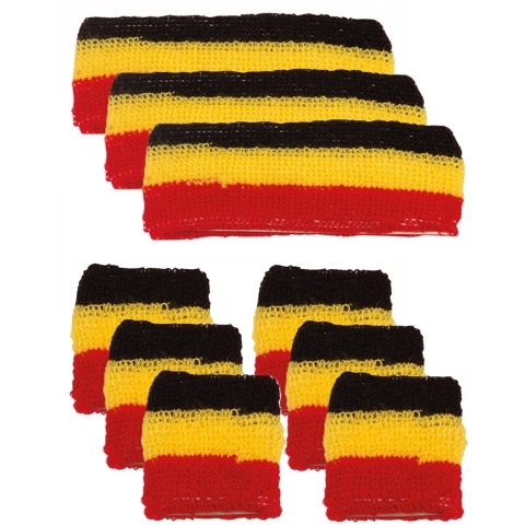Faram Zweetbandjes set - 6x - zwart/geel/rood - verkleed accessoires - hoofd en pols - Belgie -