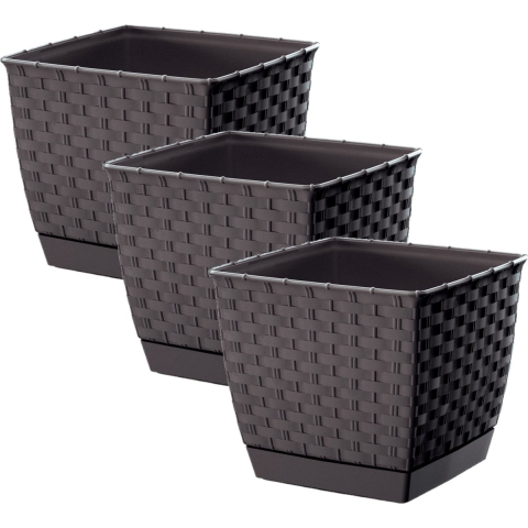 Prosperplast Plantenpot/bloempot - Set van 3x stuks - rotan kunststof - 22 x 19 cm - bruin -