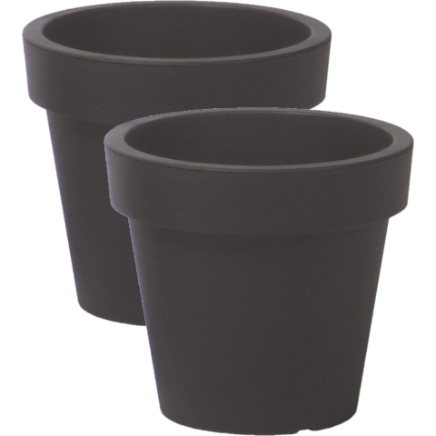 Prosperplast Bloempot Basic - 2x stuks - kunststof - antraciet - D29 x H27 cm - buiten/tuin -