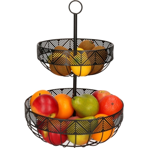 Dubbele etagere fruitschaal/fruitmand rond zwart metaal 30 x 42 cm -
