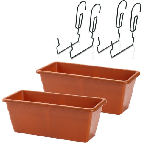 2x stuks reling Plantenbakken terracotta rechthoekig 40 x 18 x 15 cm met kunststof beugels -