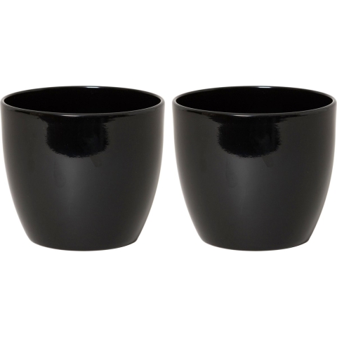 Floran Bloempot - Set van 2x stuks - zwart - glanzend - keramiek - 22 x 19 cm -
