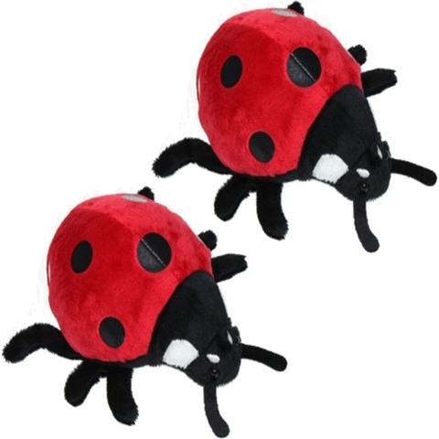 Pluche lieveheersbeestje knuffel - Set van 2x stuks - rood/zwart - 15 cm - Insecten dieren knuffels -