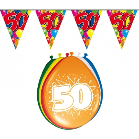 Verjaardag feest 50 jaar versieringen pakket vlaggetjes en ballonnen -