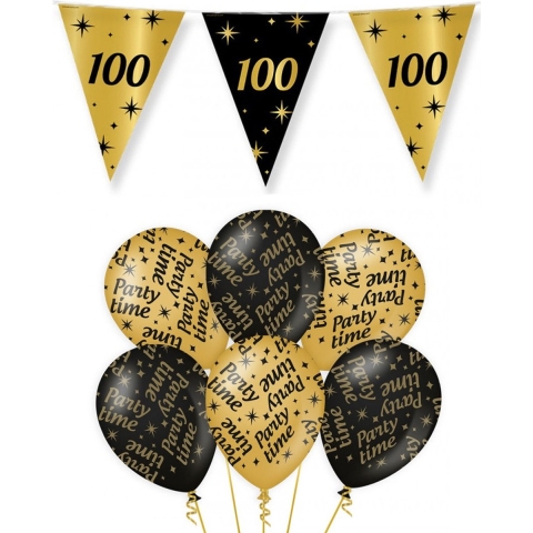Verjaardag 100 jaar versiering pakket zwart/goud 100 en party-time -