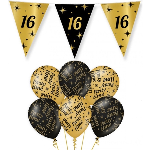 Verjaardag 16 jaar versiering pakket zwart/goud 16 en party-time -
