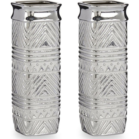 Bloemenvazen 2x stuks - zilver modern vierkant - 10 x 30 cm - keramiek -