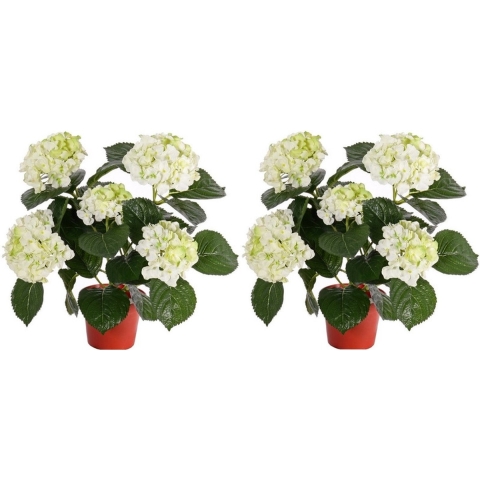Mooie kunstplant met bloemen - 2x - Hortensia - creme wit - H36 cm - Dia 10 cm -