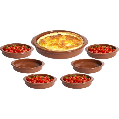 Tapas serveerschalen set - 1x D28 cm en 6x D15 cm - rond - Spaans terracotta ovenschaaltjes -