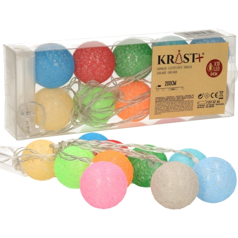 Set van 2x stuks feestverlichting lichtsnoer met katoenen balletjes 4 cm gekleurd 200 cm -