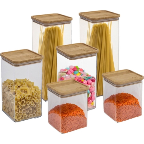 Voedsel bewaren keuken voorraadpotten set 6x stuks - kunststof/bamboe -