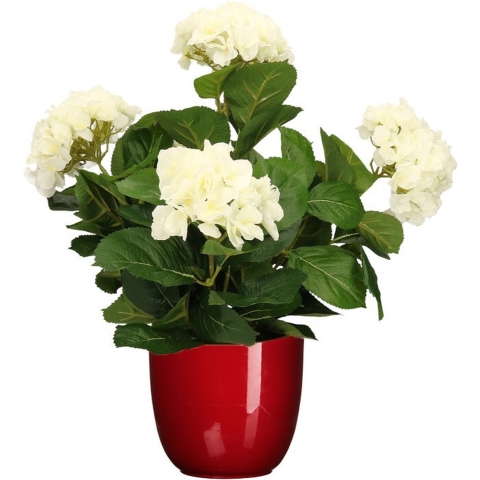 Hortensia kunstplant/kunstbloemen 45 cm - wit - in pot rood glans -