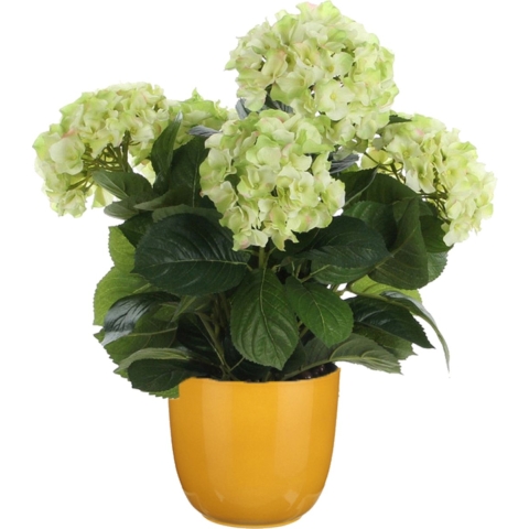 Hortensia kunstplant/kunstbloemen 45 cm - groen - in pot okergeel glans -