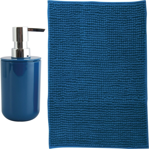 MSV badkamer droogloop mat - Milano - 40 x 60 cm - met bijpassende kleur zeeppompje - donkerblauw -