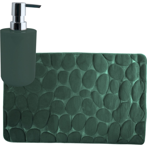 MSV badkamer droogloop mat/tapijt Kiezel - 50 x 80 cm - zelfde kleur zeeppompje - donkergroen -