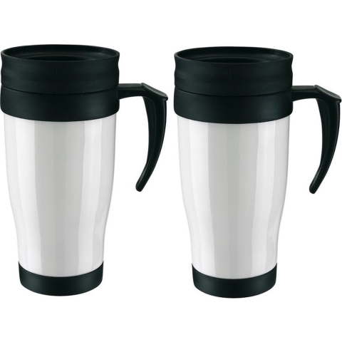 Thermosbeker/warmhoudbeker Koffie To Go - 2x - wit/zwart - 400 ml - koffie/thee bekers - dubbelwandi -