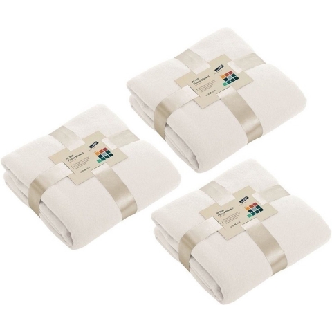 Fleece bankdeken/plaid - 3x - wit - 130 x 170 cm - 240 grams - pluisvrij - wasbaar -