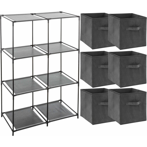 Kastmandjes/opberg mandjes - donkergrijs - 6x stuks van 29 Liter - In rekje van 68 x 98 cm -