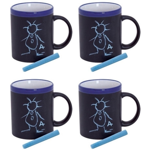 Krijtbord koffie mok - 4x - blauw - beschrijfbare beker - Koffiemok met eigen naam -