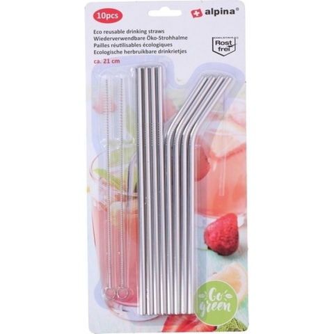 Alpina Drinkrietjes - 32x stuks - RVS - herbruikbaar - rietjes incl. raggertjes -