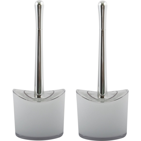 Toiletborstel in houder/wc- 2x -borstel Aveiro - PS kunststof/rvs - wit/zilver - 37 x 14 cm -