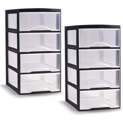 Ladeblokje/bureau organizer - 2x - 4 lades - transparant/zwart - L26 x B37 x H49 cm - plastic -