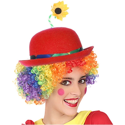Clown verkleed set gekleurde pruik met bolhoed rood met bloem -