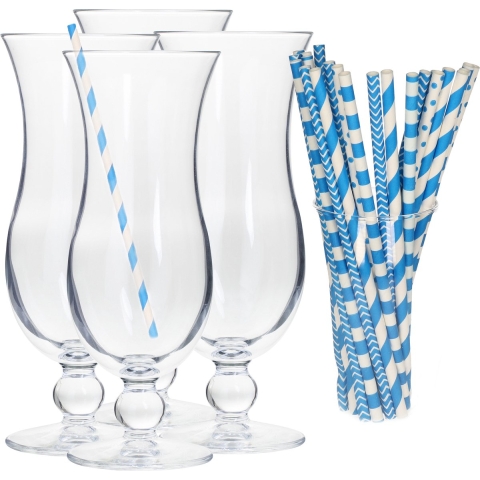 Cocktail set van 4x cocktail glazen en 100x rietjes - 440 ml - blauw -