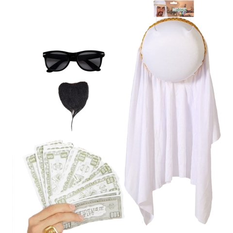 Carnaval verkleed set Arabier/Sjeik - hoofddoek - baardje - zonnebril - 75x nep dollars -