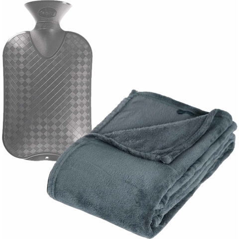 Fleece deken/plaid Blauwgrijs 125 x 150 cm en een warmwater kruik 2 liter -