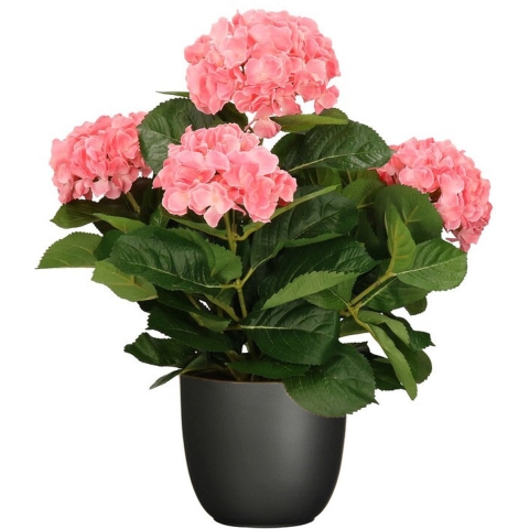 Hortensia kunstplant/kunstbloemen 45 cm - roze - in pot zwart mat -