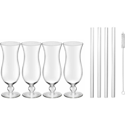 4x Cocktailglazen / Blue Hawaii glazen transparant 440 ml met glazen rietjes -