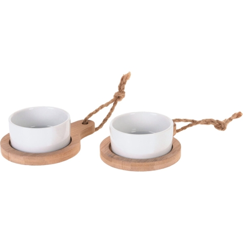 Serveerschaaltjes op plankje - 6 stuks - porselein - hout - 8 x 4 cm -