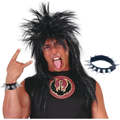 Carnaval verkleed setje heren punker - wilde haren pruik - spikes ketting/armband -