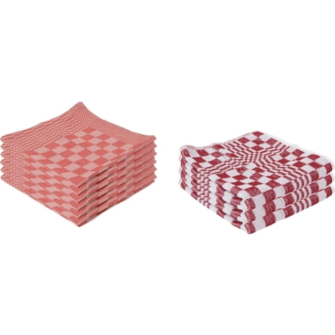 9x Rode theedoeken / handdoeken met blokmotief -