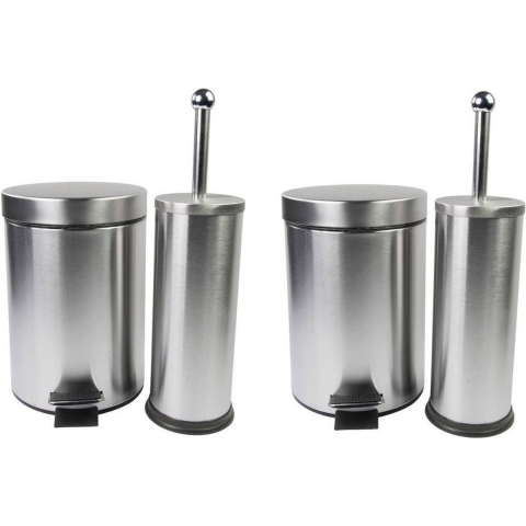 Badkamerset - 4x - Toiletborstel met Pedaalemmer - RVS - zilverkleurig -