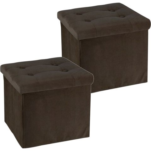 Poef/hocker/krukje - 2x - opbergbox - donkerbruin - fluweel polyester - 38 x 38 cm - opvouwbaar -