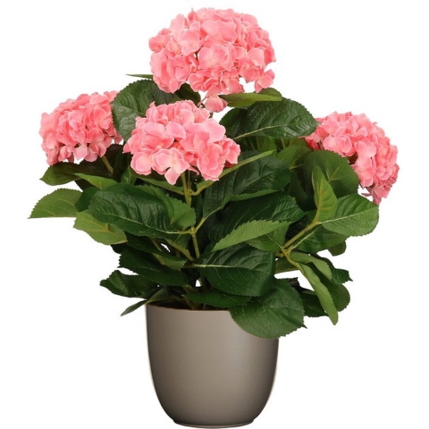 Hortensia kunstplant/kunstbloemen 45 cm - roze - in pot taupe mat -