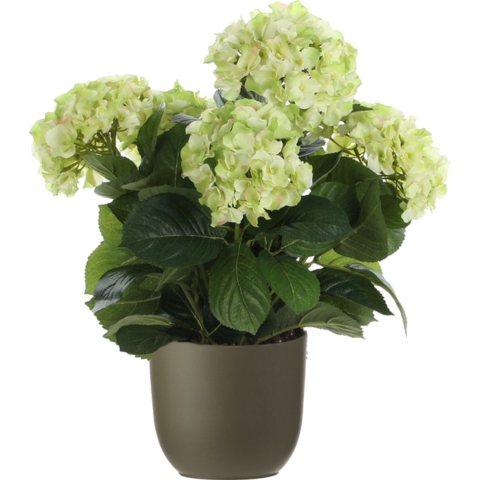 Hortensia kunstplant/kunstbloemen 45 cm - groen - in pot olijfgroen mat -