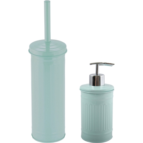 Toiletborstel in houder 38 cm/zeeppompje set Industrial - metaal - mintgroen -