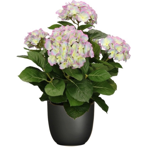 Hortensia kunstplant/kunstbloemen 45 cm - paars/groen - in pot zwart mat -