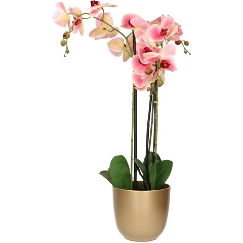 Orchidee kunstplant roze - 75 cm - inclusief bloempot goud glans -