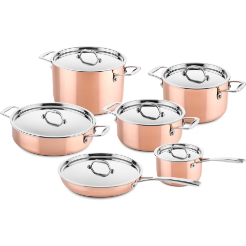 DUCQ Pannenset - Kookpan ø 20, 20, 24 cm & Steelpan ø 16 cm & Braadpan ø 28 cm & Koekenpan ø 26 cm + Deksels - Inductie - Koper - 6 Delig