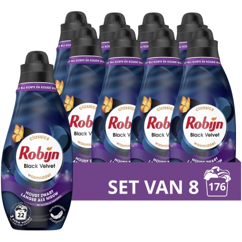 8x Robijn Klein&Krachtig Wasmiddel Black Velvet 22 Wasbeurten 665 ml