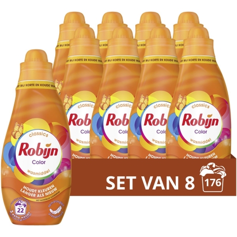 8x Robijn Klein&Krachtig Wasmiddel Color 22 Wasbeurten 665 ml